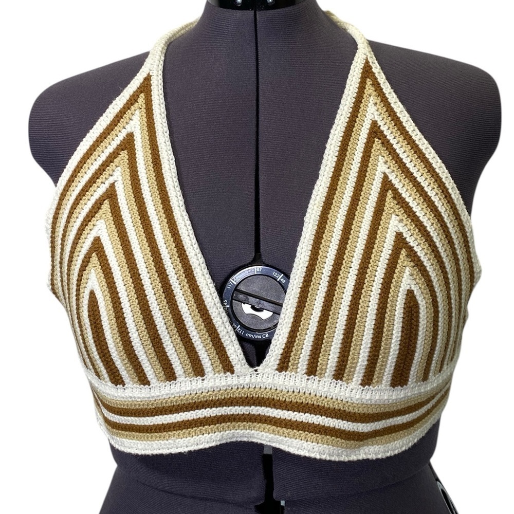 RUE 21 Women's size XL Knit Triangle Halter Top Brown Beige Tie Neck Cropped